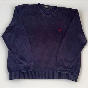 Ralph Lauren Polo Sweater Navy Blue V-Neck Men's Size XXL 100% Cotton Red Pony